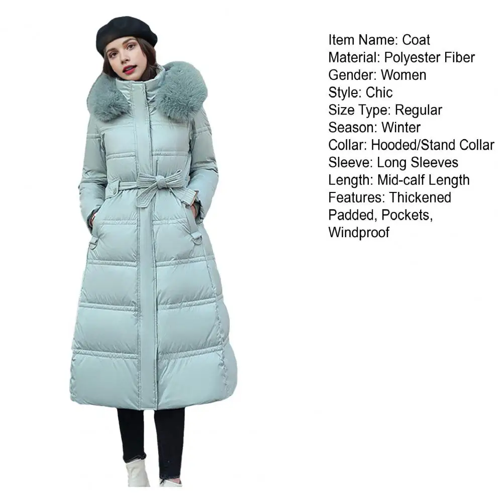 Winter Women Long Parkas Solid Colo Neck Hooded Cotton Jacket Pockets Windproof Zipper Closure Padded Outwear
