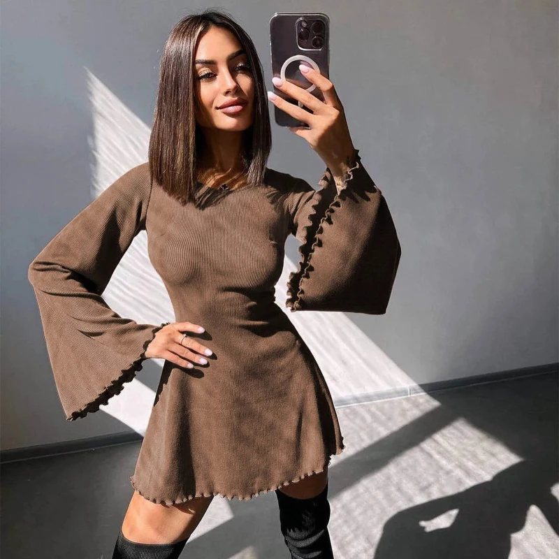 New Fashionable Women's Round Neck Long-sleeved Backless Dress Retro Horn Sleeve Hollow Strap Solid Color A-word Short Skirt