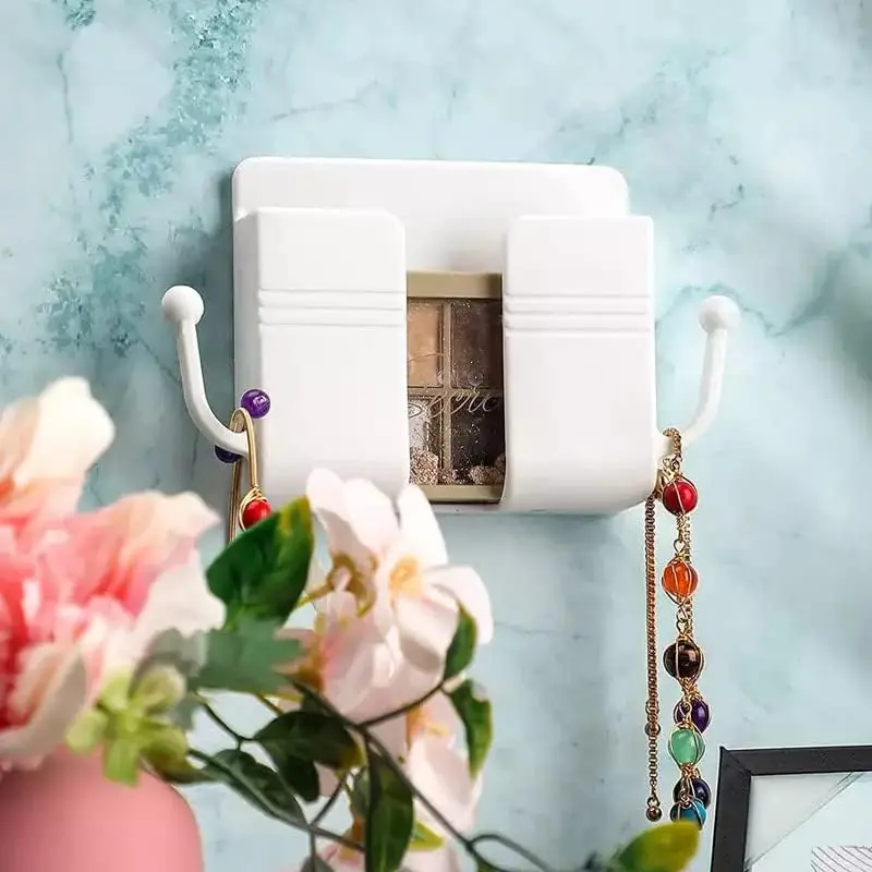 

Self Adhesive Wall Mounted Organizer Storage Box TV Remote Control Mounted Phone Plug Wall Holder Charging Multifunction Hooks