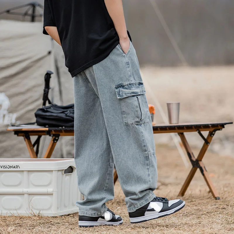 Men's HipHop Drawstring Pocket Jeans Baggy Y2K Wide Leg Denim Cargo Pants Streetwear Sweatpants Trousers Harajuk Pants For Men