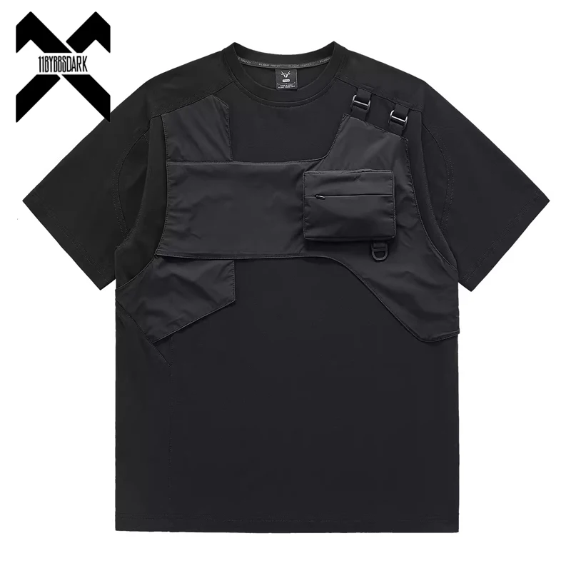 

2024 Summer Tactical T-Shirt Mens Functional Techwear Patchwork Short Sleeved T-shirt Streetwear Tshirt Black Tees Tops