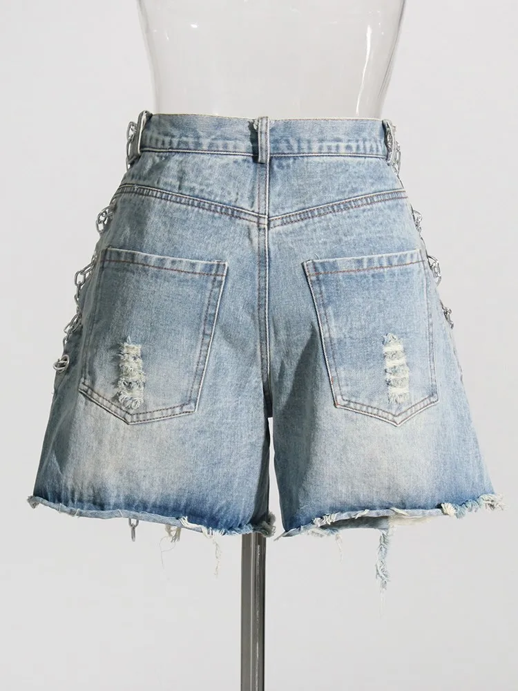 BPN Streetwear Patchwork Chain Jeans For Women High Waist Spliced Pockets Holes Chic Slimming Denim Shorts Female Fashion Style