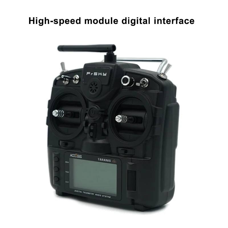 FrSky Taranis X9 Lite – Radio Commande ACCESS 24 Canaux pour Drone RC, allumée avec écran affichant le menu