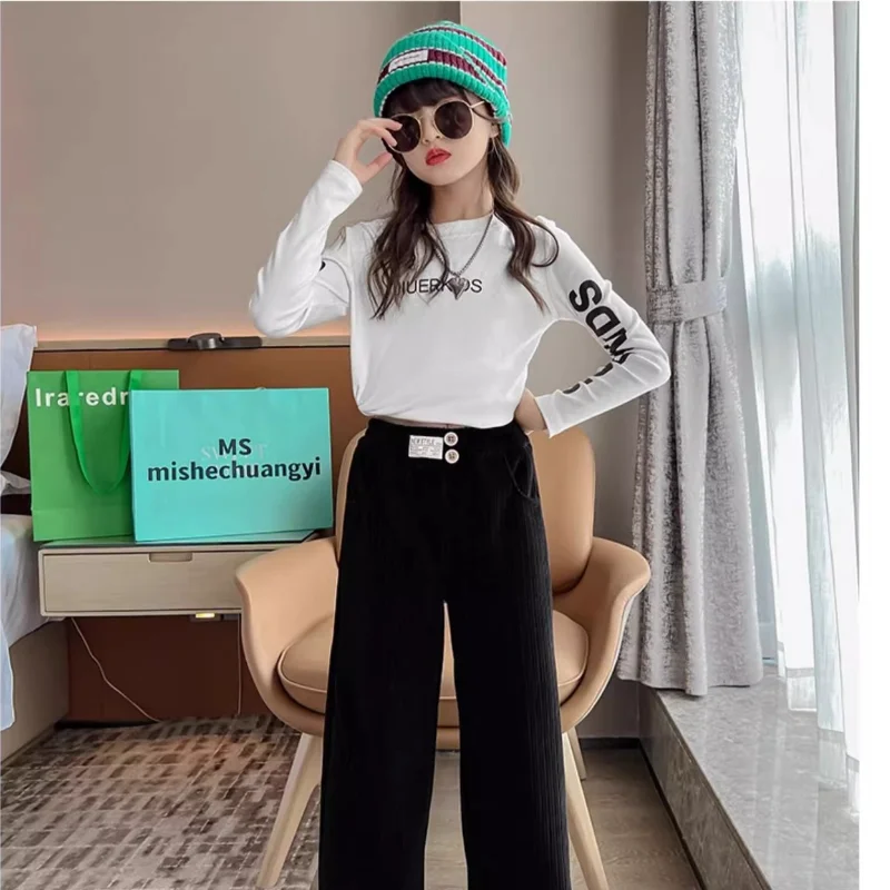 카와이 캐주얼 롱 팬츠 패션 아동복 여아용 플리스 안감 스트레이트 레그 와이드 레그 팬츠 아동용 두꺼운 귀여운