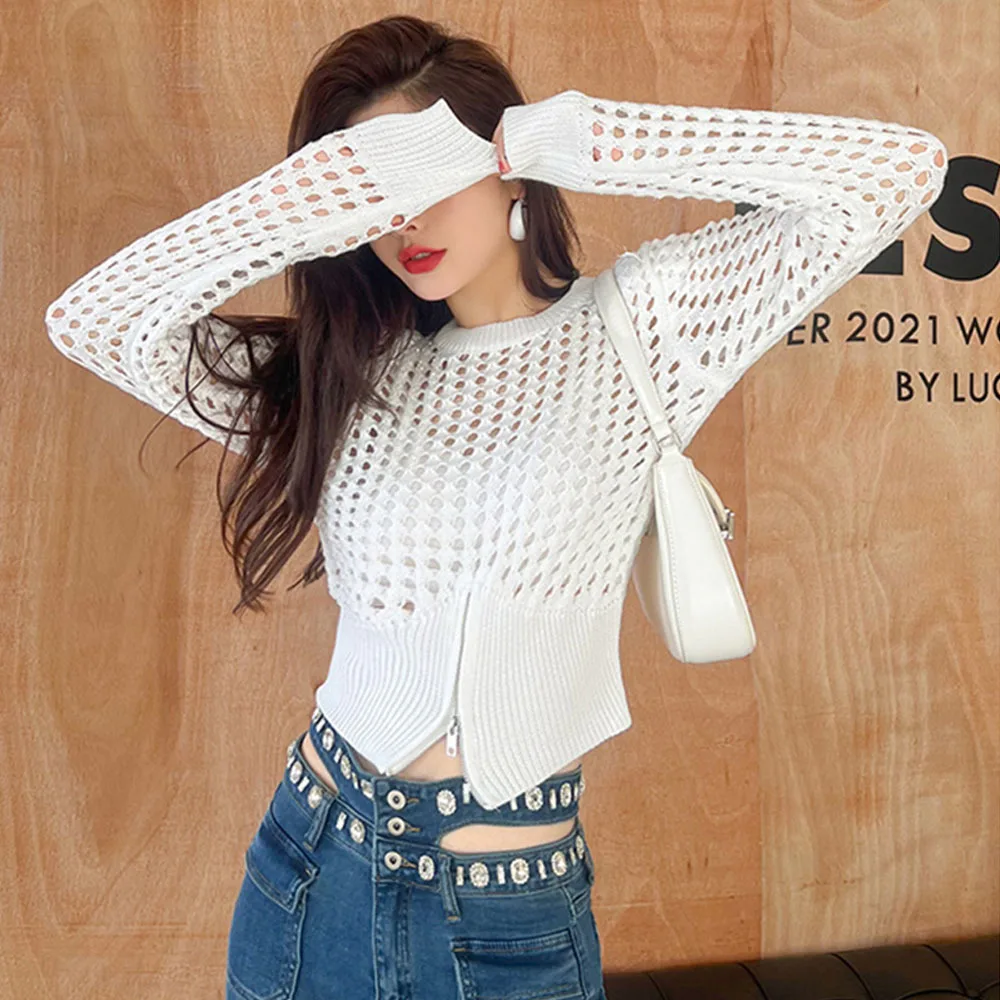 

Корейский Повседневный Белый свитер, пуловеры на молнии с разрезом, Летняя трикотажная одежда, модная свободная Дымчатая трикотажная рубашка с длинным рукавом Y2k, женская рубашка в стиле Харадзюку