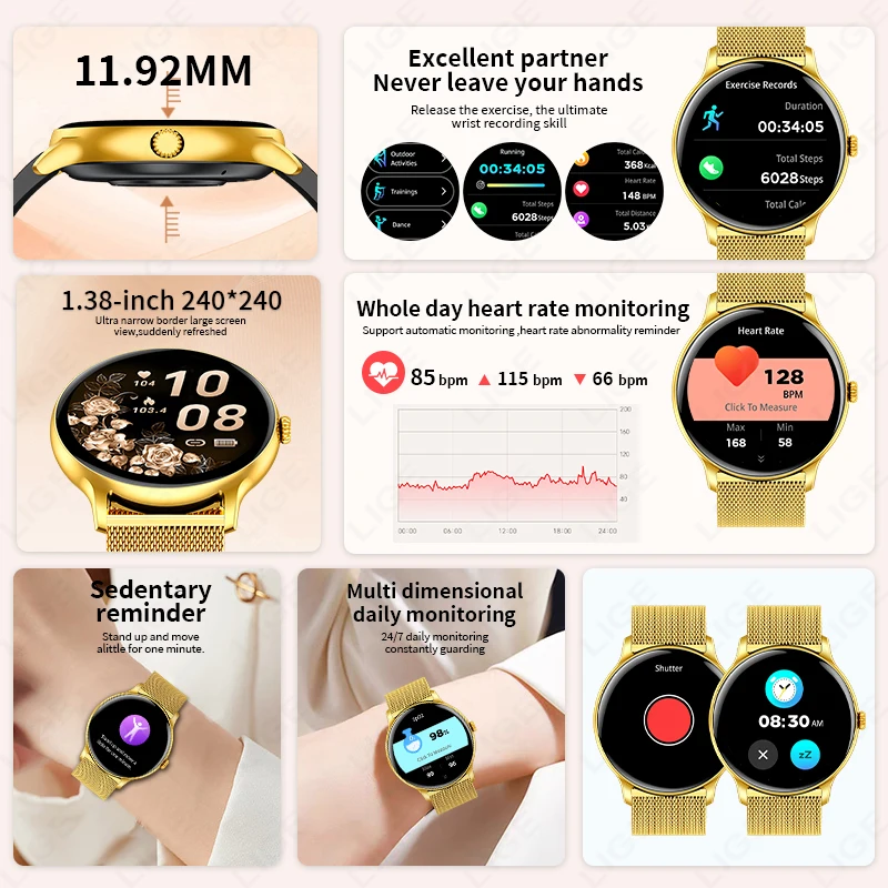 LIGE Smart Watch Sports Fitness Men Women Heart Rate Health Monitor Bluetooth Call IP68 Waterproof Watch Alarm Clock Smartwatch