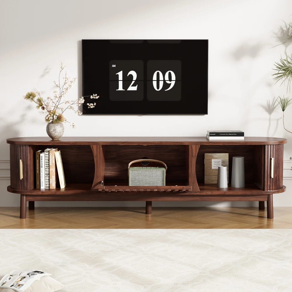 Braunes modernes Lowboard-TV-Möbel, flache Medienkonsole mit verschiebbaren und herunterklappbaren Hohlklappentüren, TV-Schrank mit Stauraum, geeignet für Fernseher bis zu 65 Zoll. – Detail 1