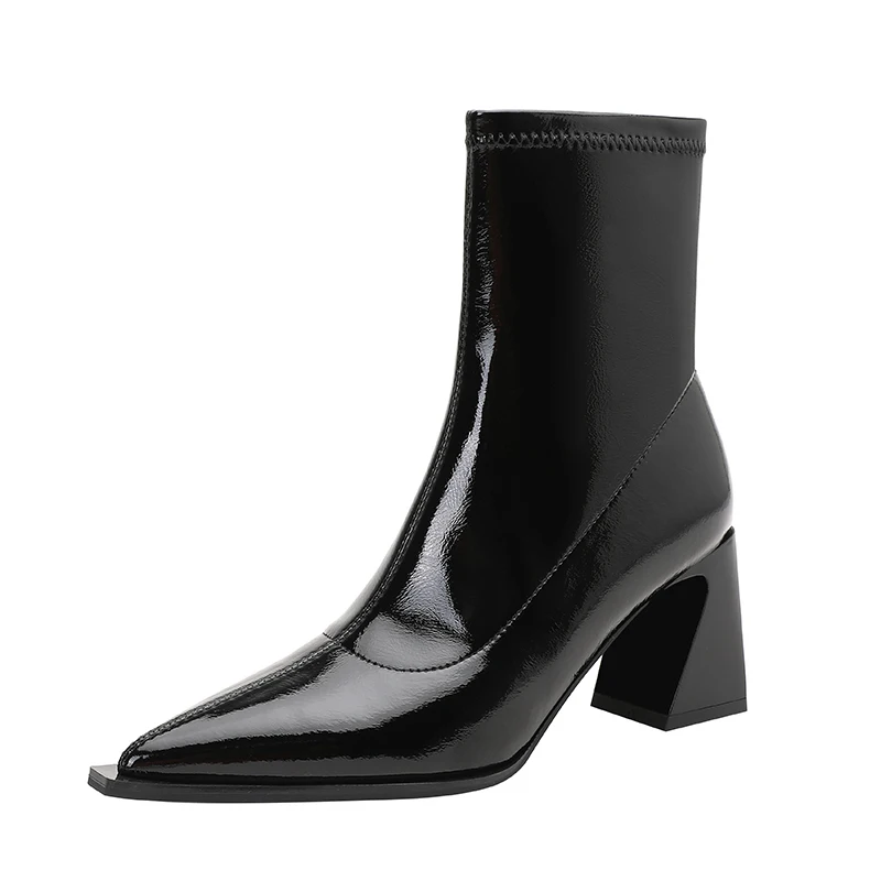 

XGRAVITY New Branded Winter Warm Boots Pointed Toe Patent Leather Women Shoes Chunky High Heel Pumps Female Footwear Evening