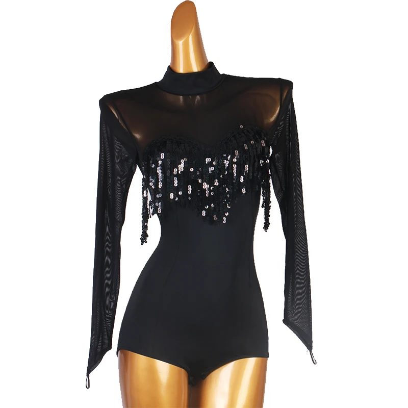 

Luxury sequin Latin dance jumpsuit new product long sleeved modern dance jumpsuit national standard social dance top