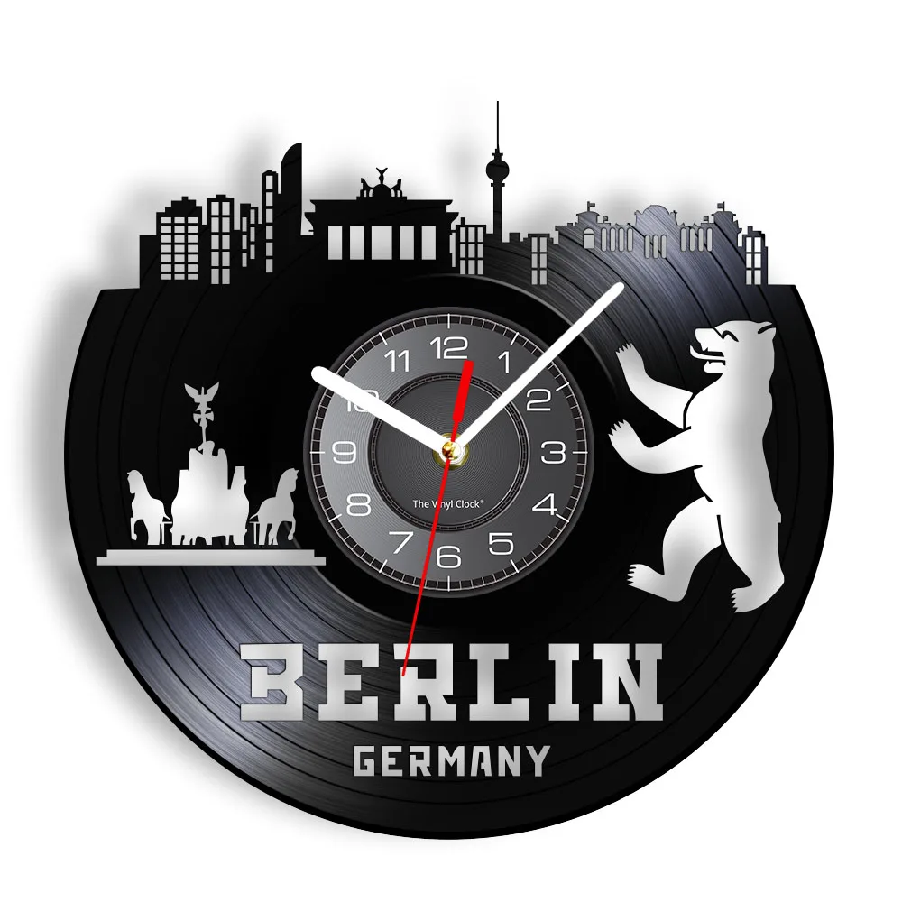 

Berlin Skyscrapers Germany Cityscape Vinyl Record Wall Clock Deutschland Skyline Office Retro Album Art Vinyl Disk Crafts Clock