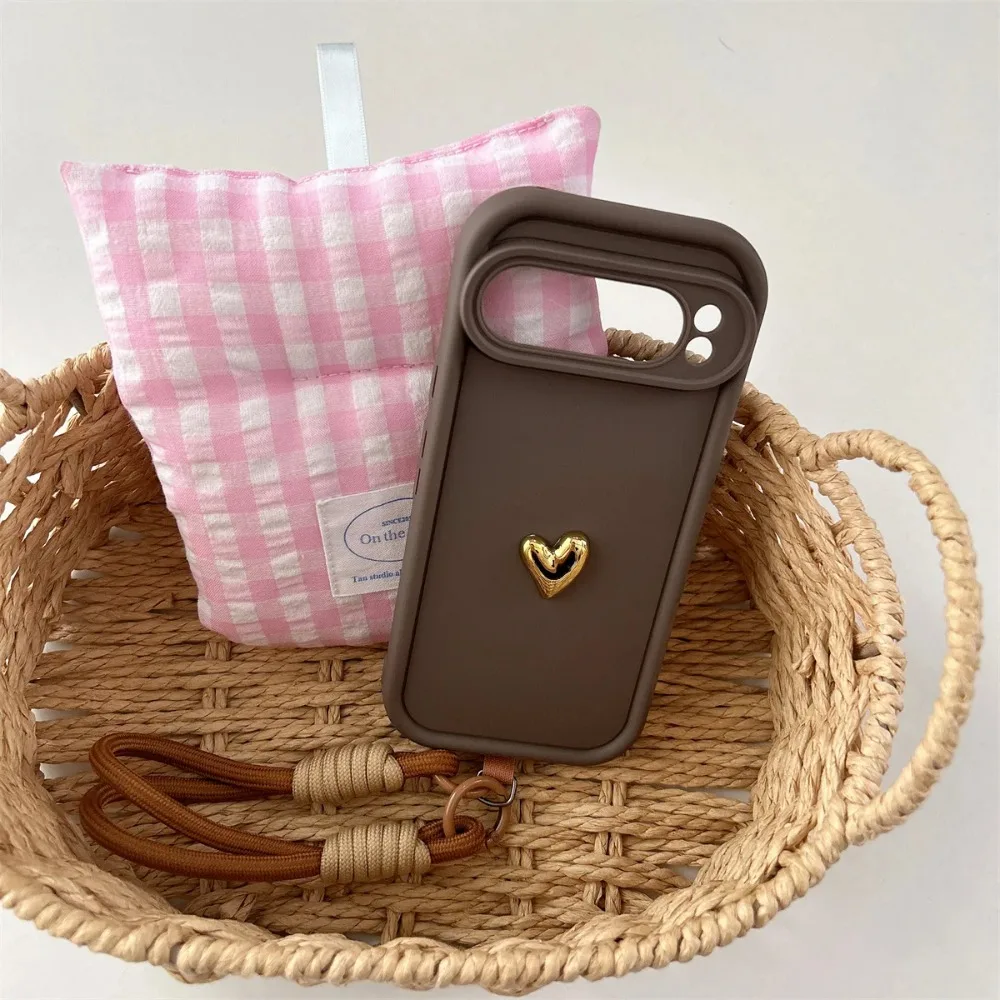 Silicone Soft Phone Case with 3D Gold Heart Love Rope Wrist Strap Lanyard - Shockproof Cover