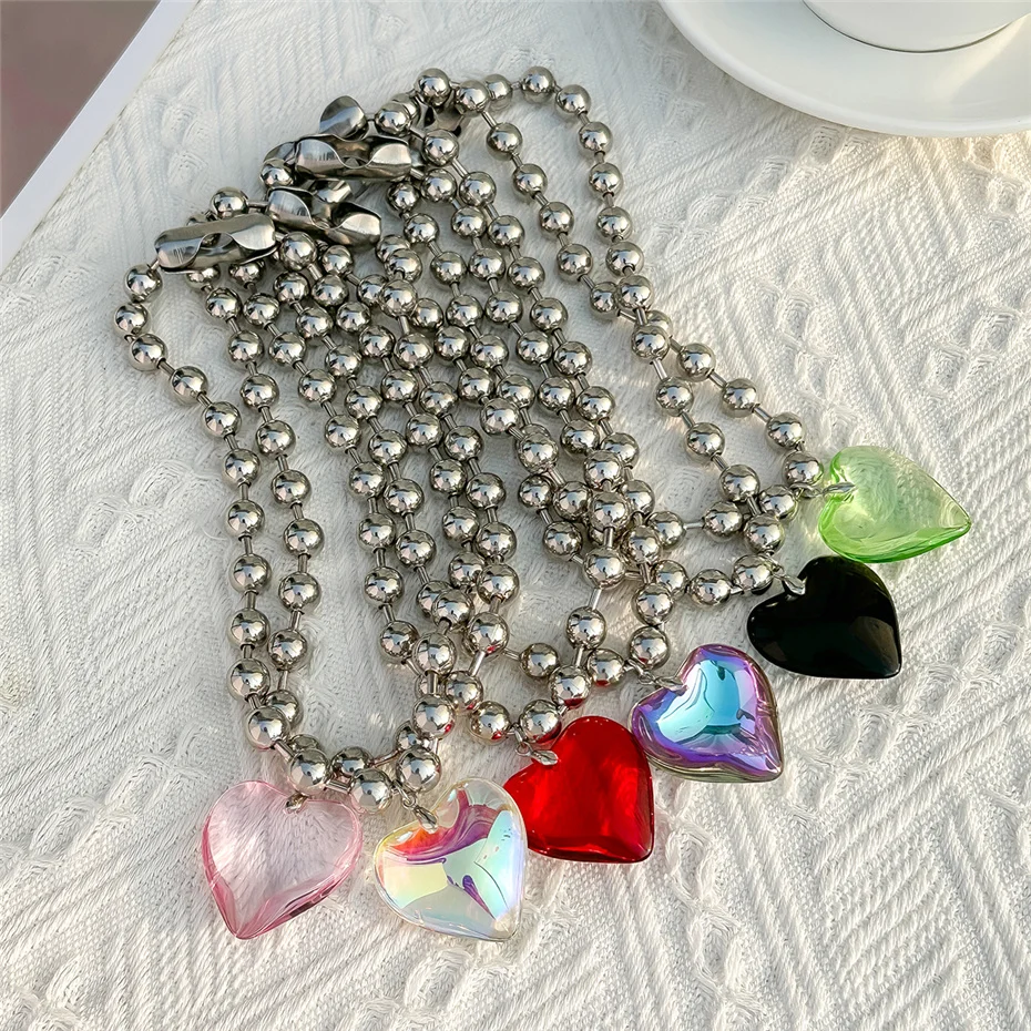 6 farben Hip Hop Bunte Liebe Herz Anhänger Halskette Frauen Punk Silber Farbe Perlen Kette Grunge Schmuck Zubehör Steampunk – Detail 16