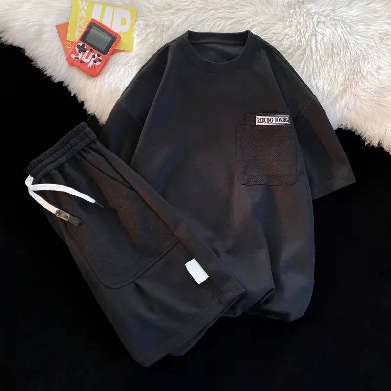 2024 Summer New Men's Hong Kong Style Leisure Fashion Set Thin Loose Breathable Short Sleeve Shorts Sports Set Two Piece Set 6