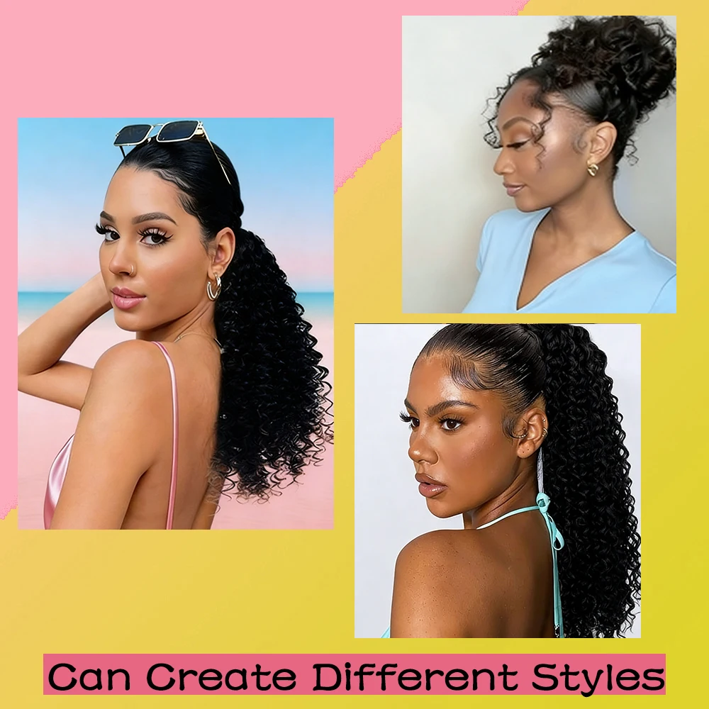 블랙 컬리 드로스트링 포니테일 연장머리 100% 인모 흑인 여성용 간편 착용 가벼운 포니테일 데일리용