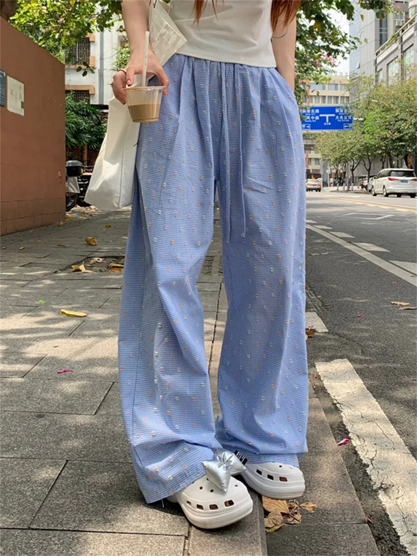 

PLAMTEE Blue 2024 New Arrival Women Loose Pants Plaid Chic Wide Leg All Match Summer OL High Waist Slim Casual Streetwear