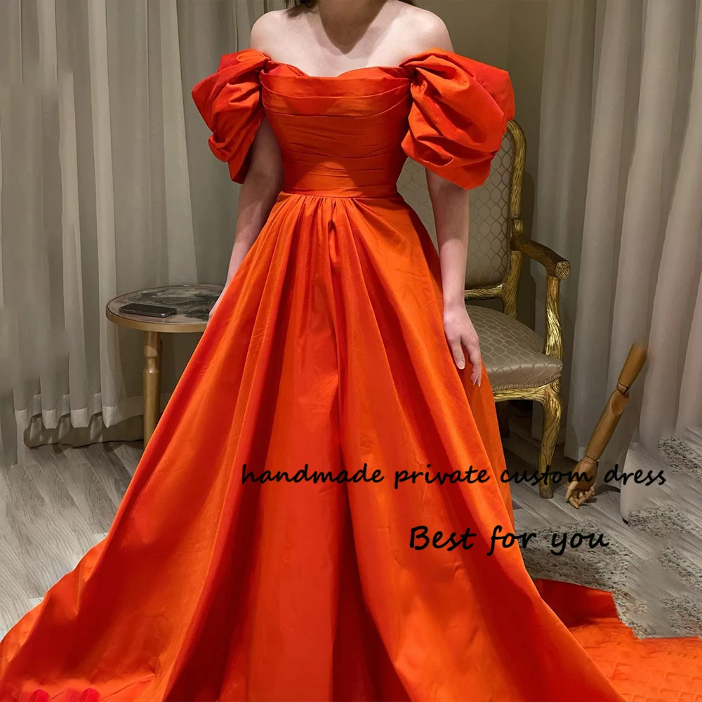 

Оранжевые атласные вечерние платья с рукавом, женское платье трапециевидной формы, длинные платья со шлейфом для выпускного вечера