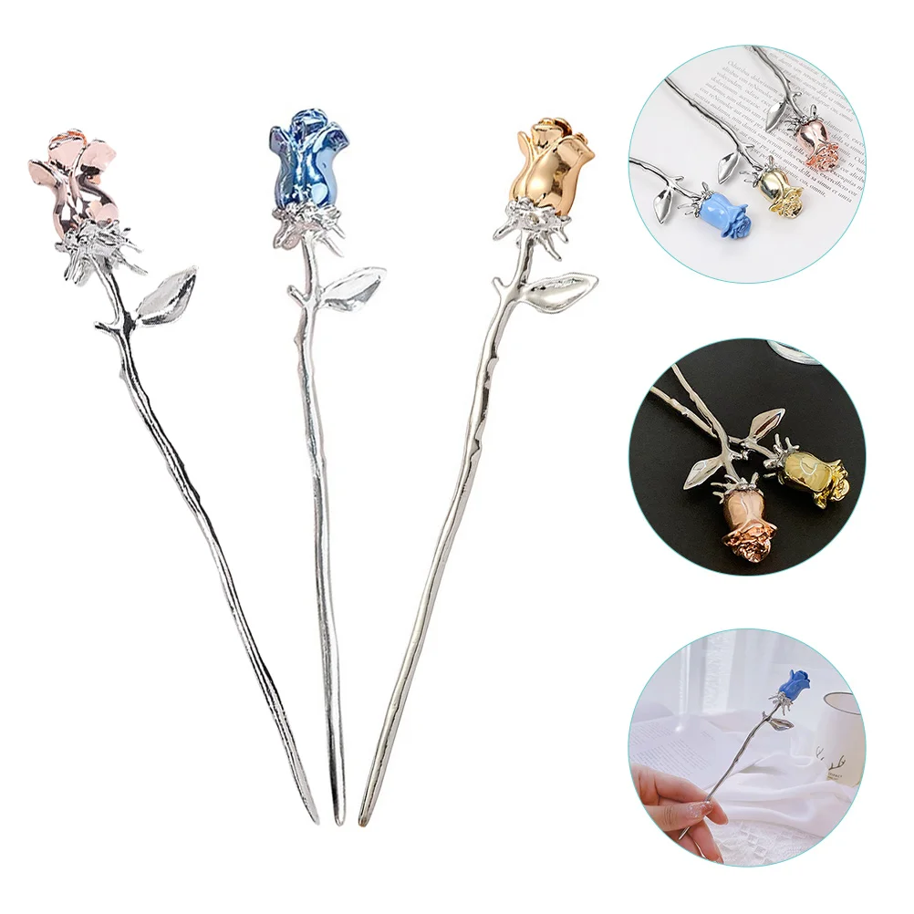 

3pcs Rose Flower Hair Sticks Bun Hair Pin Chignon Pin Women Hair Accessories