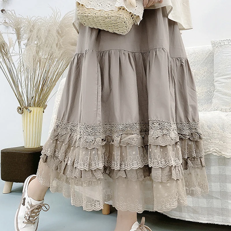 

Long Skirt Lolita Kawaii Pure Cotton Multi Layer Lace Elastic Waist Loose Skirt Women Clothing Mori Girl Sweet Petticoat Midi Ca