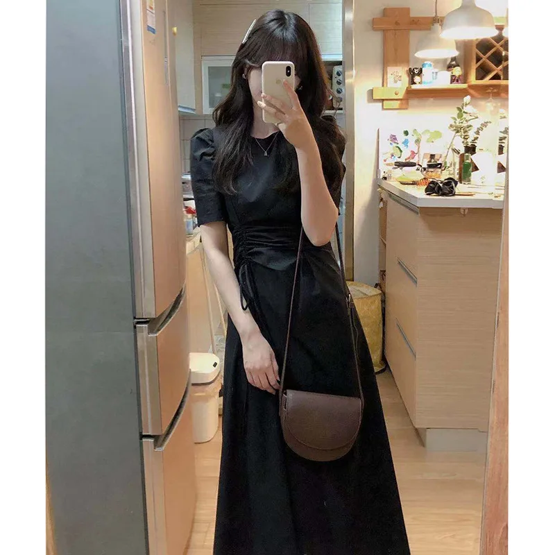 

European Station Summer New Slimming Waist-Tight Design Young Adult Lady like Woman Socialite Black Dress Elegant Dress