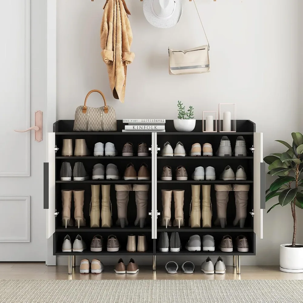 Shoe Storage Cabinet Open Compartments, Free Standing Shoe Rack 4 Doors and Adjustable Shelves Sideboard Cabinet