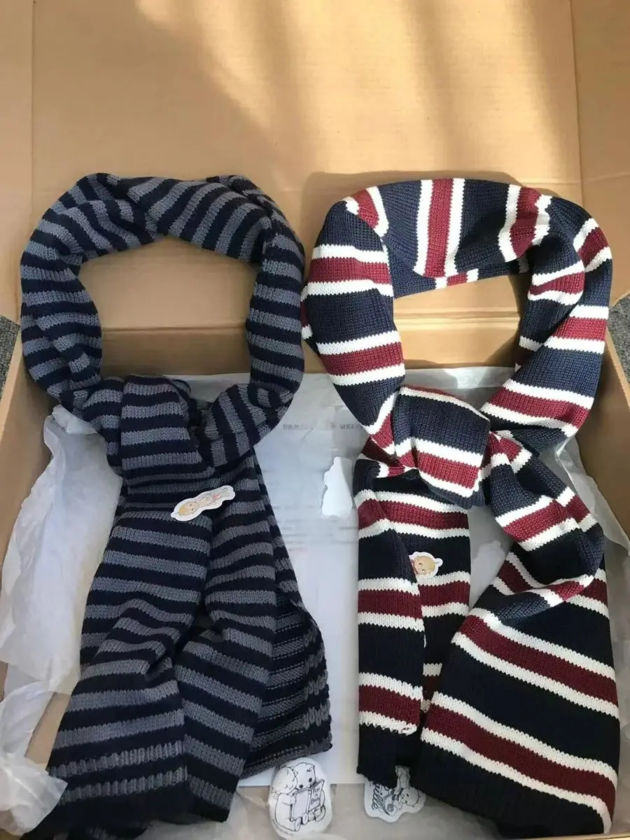 New Vintage Striped Knitted Scarf for Woman Winter Unisex Long Size Casual Fashion Sweet Preppy Style All-match Cotton Scarves