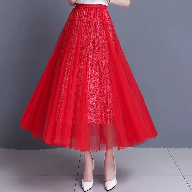 Simplicity Elegant Summer Skirts Women's Elastic Waist Solid Gauze Bright Silk Pleated Fashion High Waist Slim Midi A-line Skirt