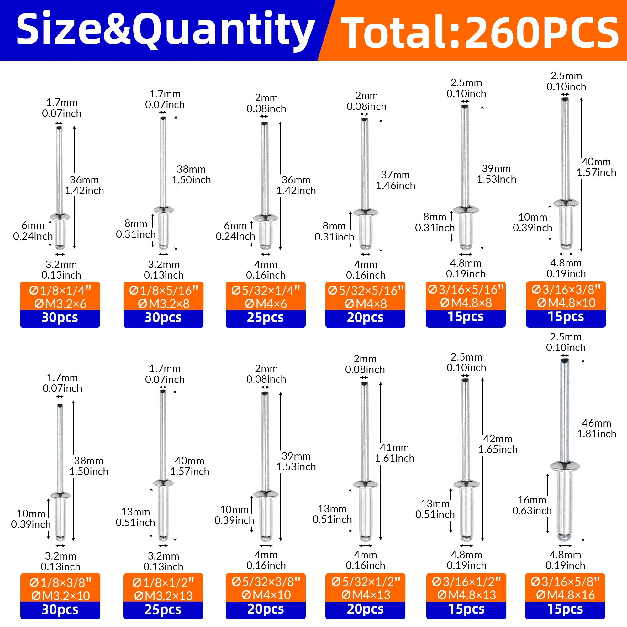 Pop Rivets Assortment Kit 260pcs 12 Sizes Aluminum Blind Rivets for Metal Furniture & Automotive Assorted Fastener Set rivets and fasteners rivets and screws