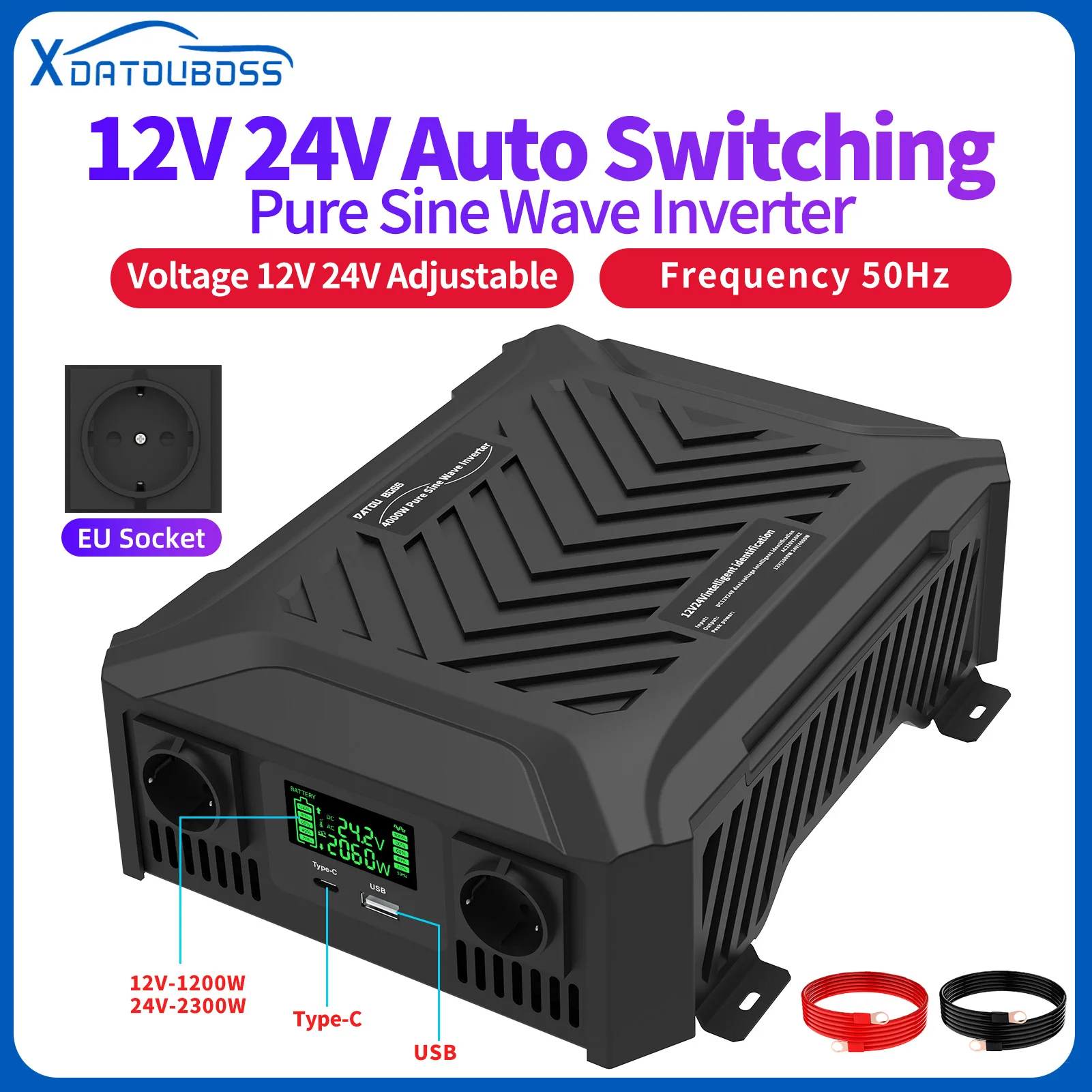 DATOU BOSS Pure Sine Wave Inverter 12v 24v 1200w 2300w Two Voltages Support dc ac Inverter 12v to 220v EU Peak Power 4000W