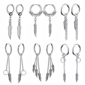 1 Pair Leaves Feather Long Chain Punk Stainless Steel Round Small Hoop Earrings for Man Woman Teens Gift Jewelry Y2k Accessories