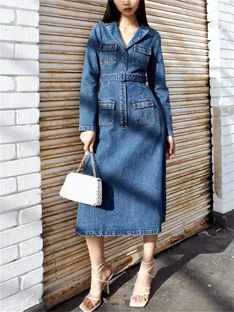 

Midi Length Denim Dress for Women 2024 New Notched Collar Multi-Pockets Slim Vintage Long Sleeve Long Robe with Sashes