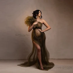 One Shoulder Maternity Photography Dresses Tulle Sexy See Thru Mesh Ruffles Pregnant Women Dress High Split Long Pregnancy Gowns