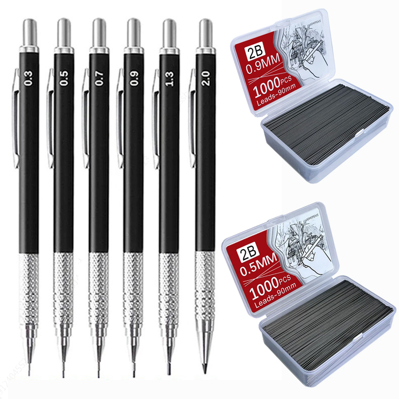 Metal Mechanical Pencil Large capacity Lead Refills Set 0.3, 0.5, 0.7, 0.9 2.0 Mechanical Pencils for Writing Drawing Sketching