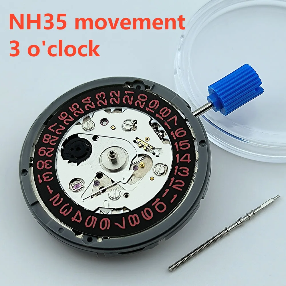 NH35 무브먼트 블랙 레드 데이터 휠, 자동 기계식 무브먼트, 3 시 날짜 창, 남성용 시계 무브먼트, 시계 액세서리