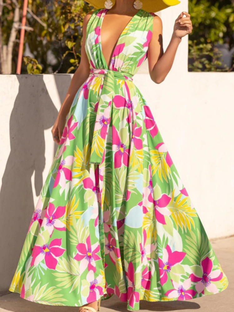 

Women's Dress New Printing V-Neck High Waisted Side Split Long Korean Version Fashion Streetwear Female Summer Women's Dress