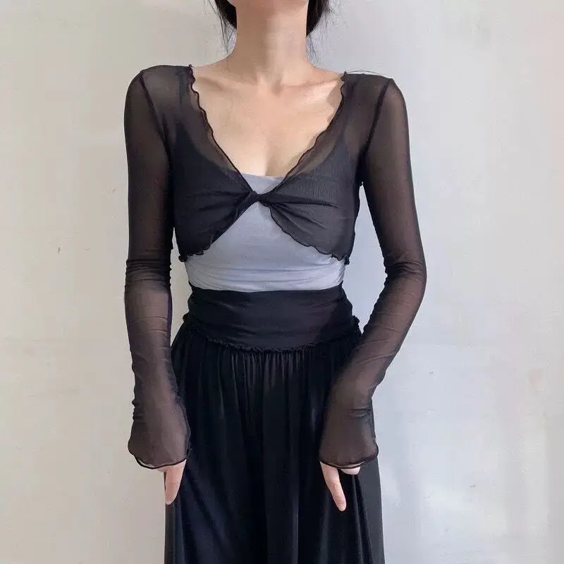 Cárdigans elegantes y sexys de moda para mujer, de color liso, transparentes, de manga larga, de malla, estilo vintage, con cordones, estilo urbano, cárdigans cortos.