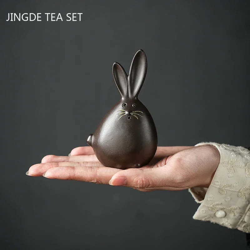 Cute Little Rabbit Sculpture Tea Pet Ornaments Purple Clay Tea Set Decoration Boutique Handmade Tea Figurine Decor Crafts