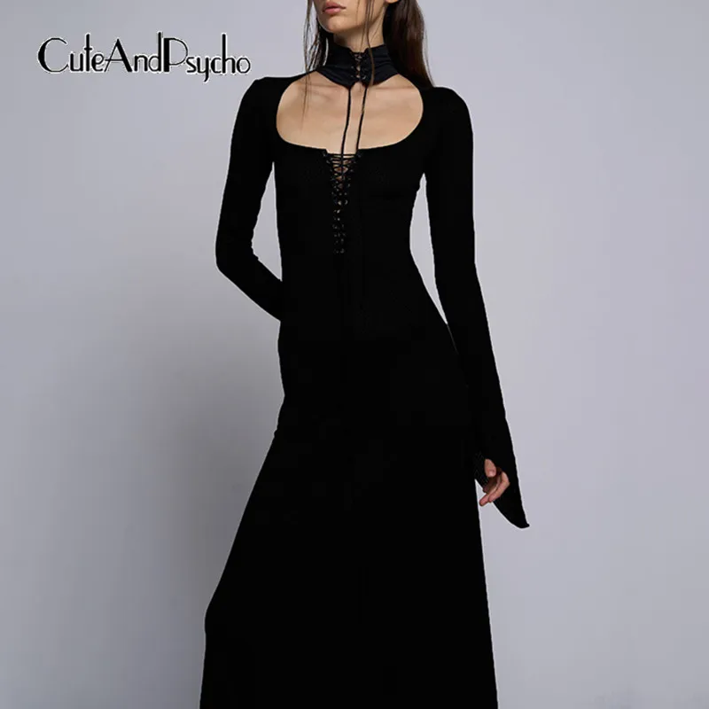 

Cuteandpsycho Elegant Lace-up Solid Dresses Casual Neckerchief Vintage Knitted Outfits Chic Crewneck Long Sleeves Slim Clothes