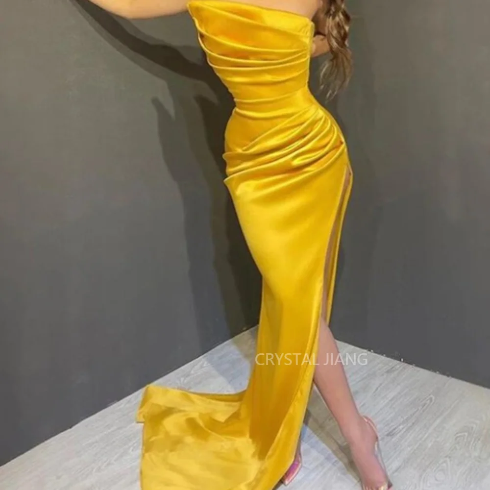 

Long Strapless Satin Sleeveless Evening Dresses A Line Sheath Mermaid Sweep Train Vestidos De Fiesta Elegantes Para Mujer 2023