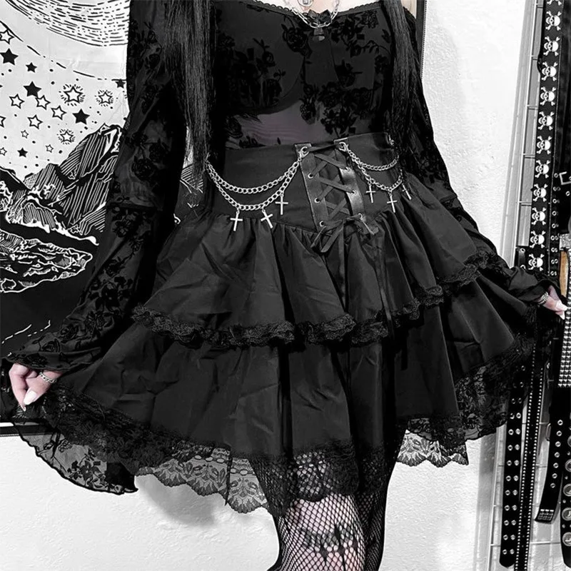 

Sexy Gothic Skirt Cute Black Mini Women Drawstring Folds High Waist Irregular Ruffle Patchwork Fairycore Short Skirts Mori Girl