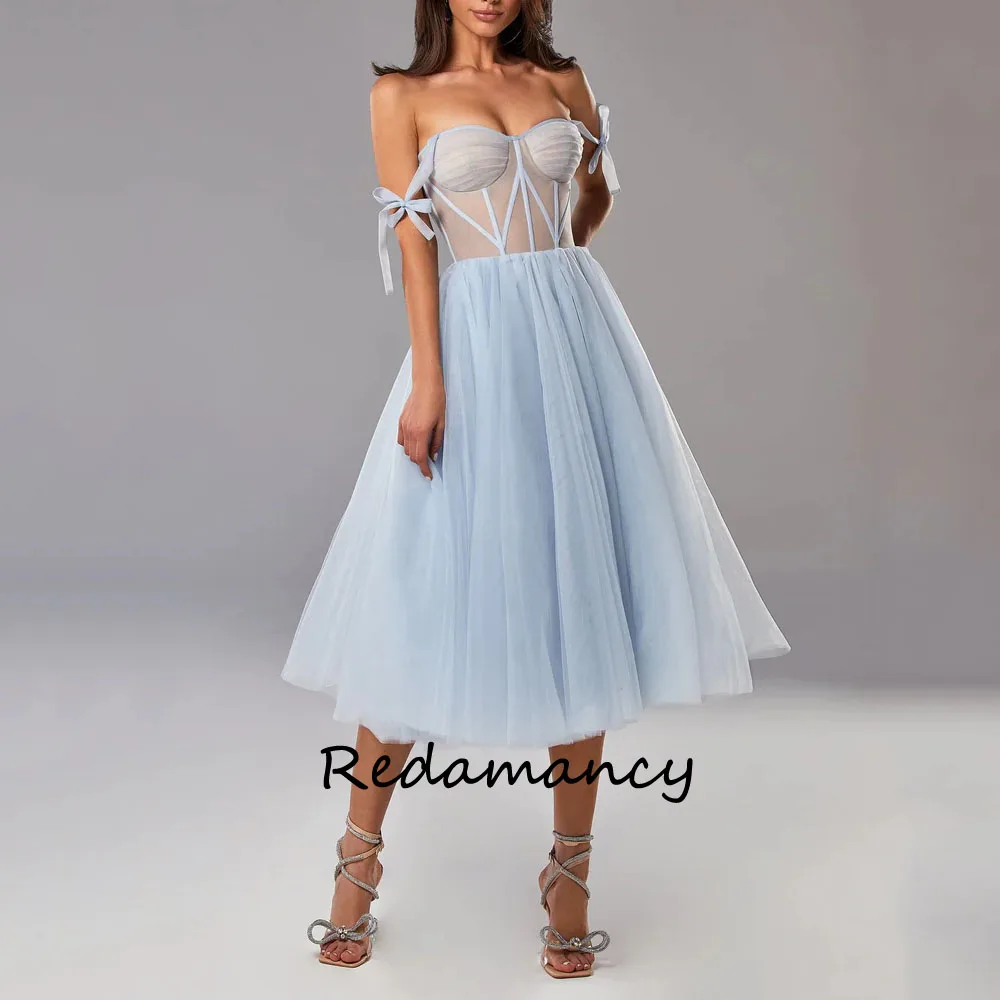 

Redamancy Blue Sweetheart Tulle A-LINE Homecoming Dresses 2024 Backless Slim Tea-Length vestidos de novia Party Dress