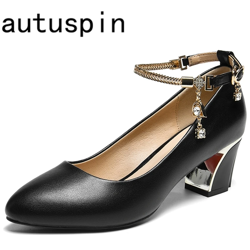 

AUTUSPIN 5cm Square Heeled Women Pumps Fashion Genuine Leather Ladies Working Dress Shallow Shoes Elegant Temperament High Heels