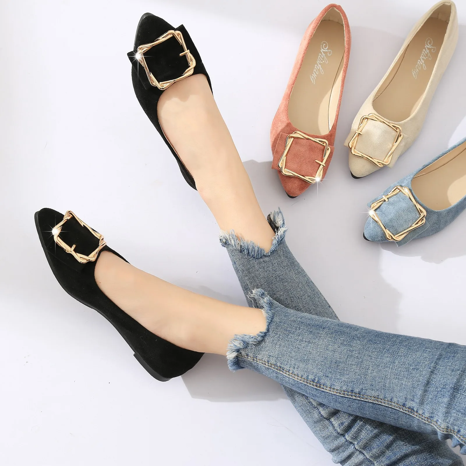

Square Buckle Flats for Women Spring Autumn Solid Color Shallow Mouth Pointed Casual Slip on Loafers
