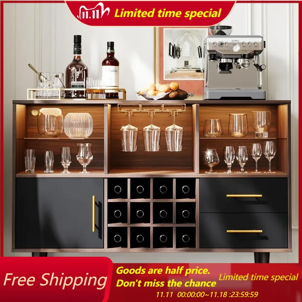 Bar Cabinet, 47 inch Walnut-Modern Cabinet with LED Light Charging Station, Buffet Table, Coffee Bar & Storage for Home