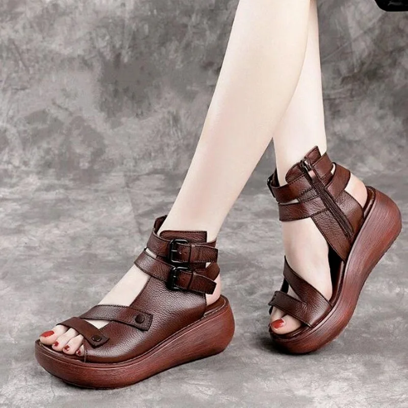 Women Summer Sandals Mid Heels Wedges Shoes Ladies Vintage Leather Plus Size 40