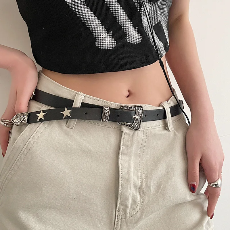 Retro Faux Leather Belt For Women Designer Star Alloy Buckle Waist Strap Y2K Student Female Girl Jeans Decoration Waistband