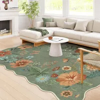 Floral Washable Rugs 8x10, Non-Slip Soft Green Rug Stain Resistant, Ultra-Thin 8x10 Rugs for Living Room Easy Clean Boho Accent
