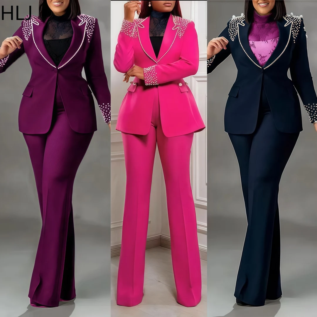 HLJ Elegant Lady Pearls Blazer Two Piece Sets Women V Neck Long Sleeve Slim Top And Pencil Pants Outfits Casual OL Clothing