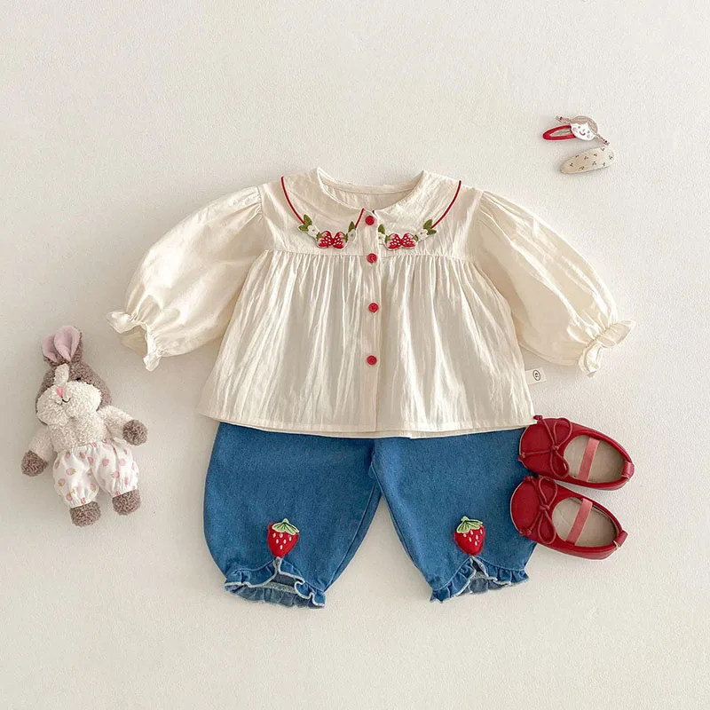 Girls Embroidered Strawberry Shirt Jeans Outfit
