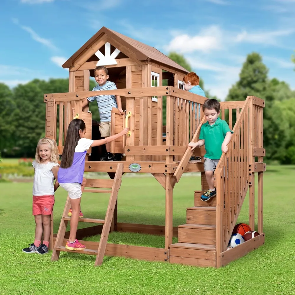 Description Picture 2 of itemDiscovery Scenic Heights All Cedar Wooden Playhouse, Upper Deck Cottage Style, Saloon Style Doors, Ladder, Stairs, Play Sink