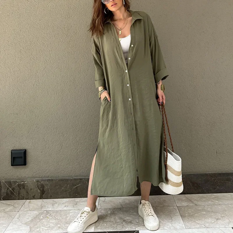 

Women Single-breasted Lazy Style Dresses Cotton and Linen Elegant Dress for Women Casual Solid Color Shirtdress Weekend Holiday
